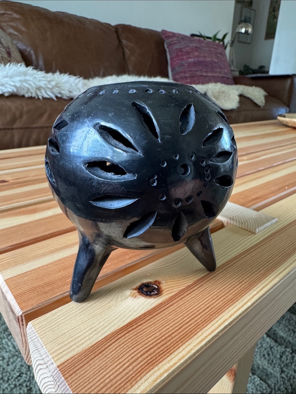 Handcrafted Black Ceramic Tripod Candle Holder